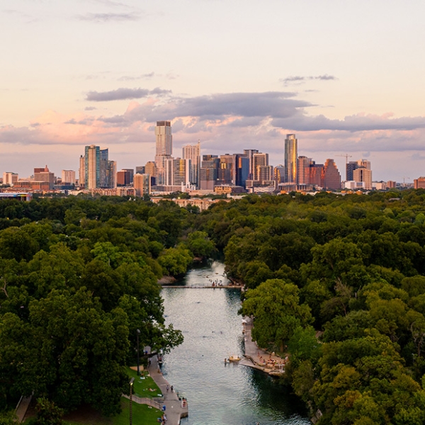A view of downtown Austin from Barton Springs Pool
